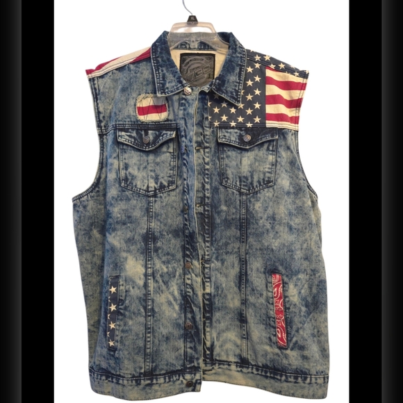 Vtg 1738 Denim Vest Jacket Cotton 4XL USA Flag Patriotic Biker Rockabilly Acid - Picture 1 of 10